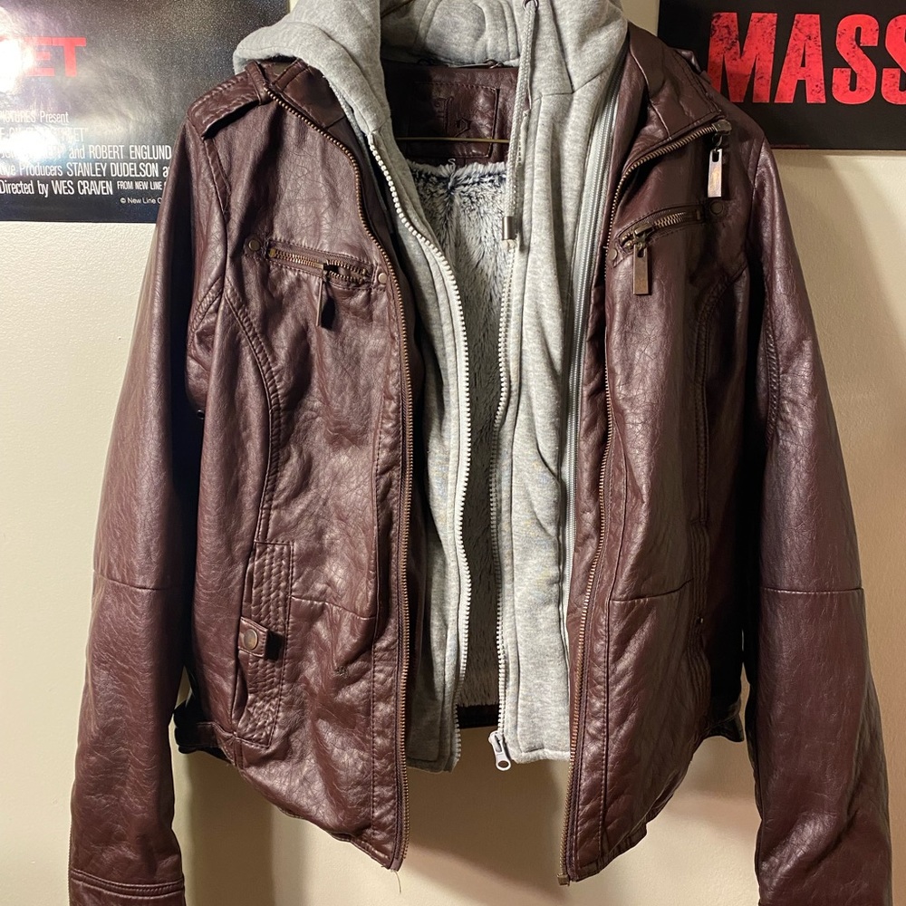 faux leather jacket. grey zip in jacket on the inside, it’s optional